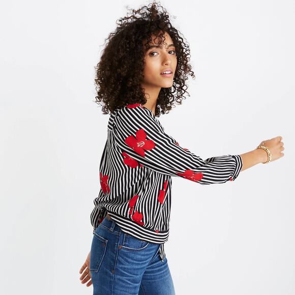 Madewell Wrap Top in Candied Orchids Black/White Striped Floral sz XL - Picture 4 of 10